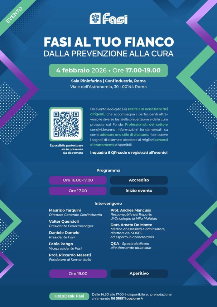 Il 4 febbraio a Roma evento su prevenzione, diagnosi precoce e percorsi di cura con il FASI